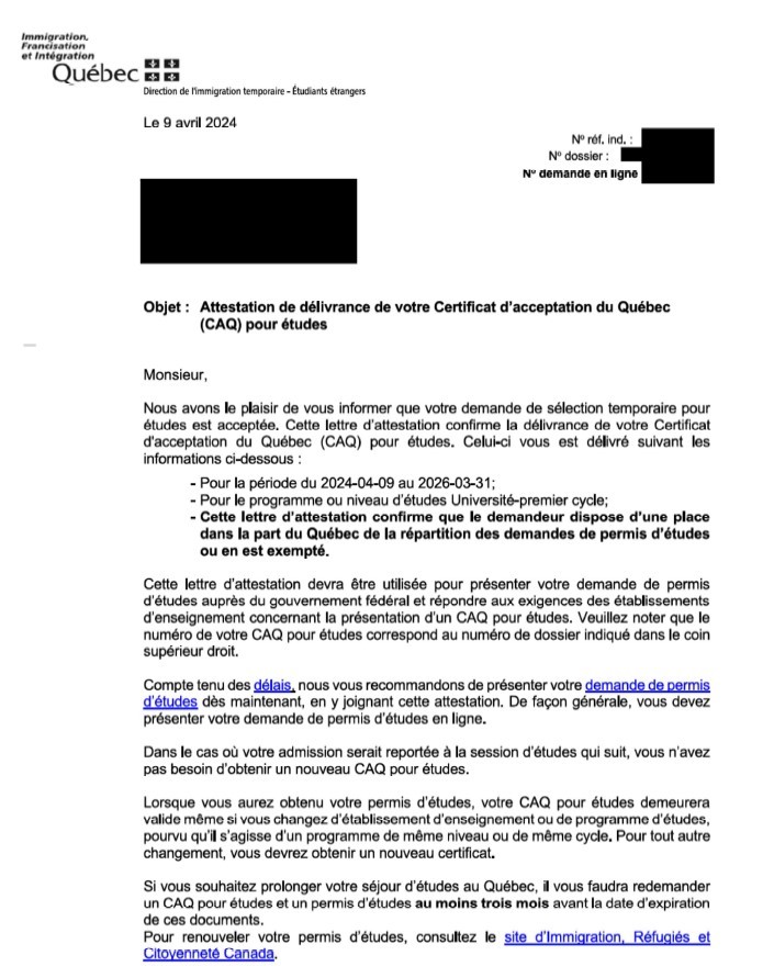 New CAQ approval letter (as of mid-March 2024) Sample of Certificat Acceptation du Quebec letter as of March 2024