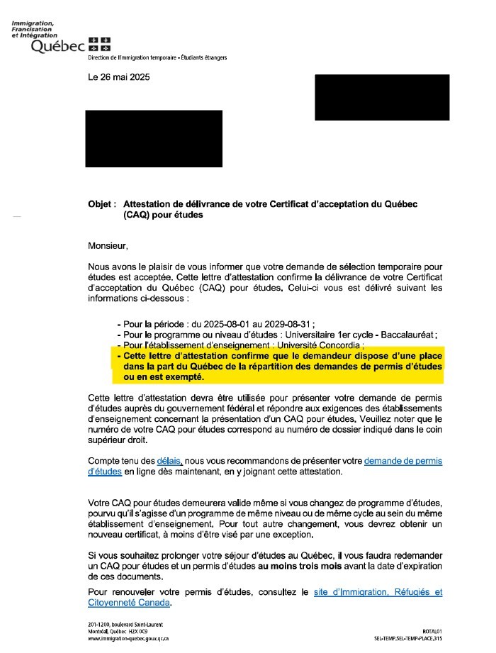 New CAQ approval letter (as of mid-March 2024) Sample of Certificat Acceptation du Quebec letter as of March 2024