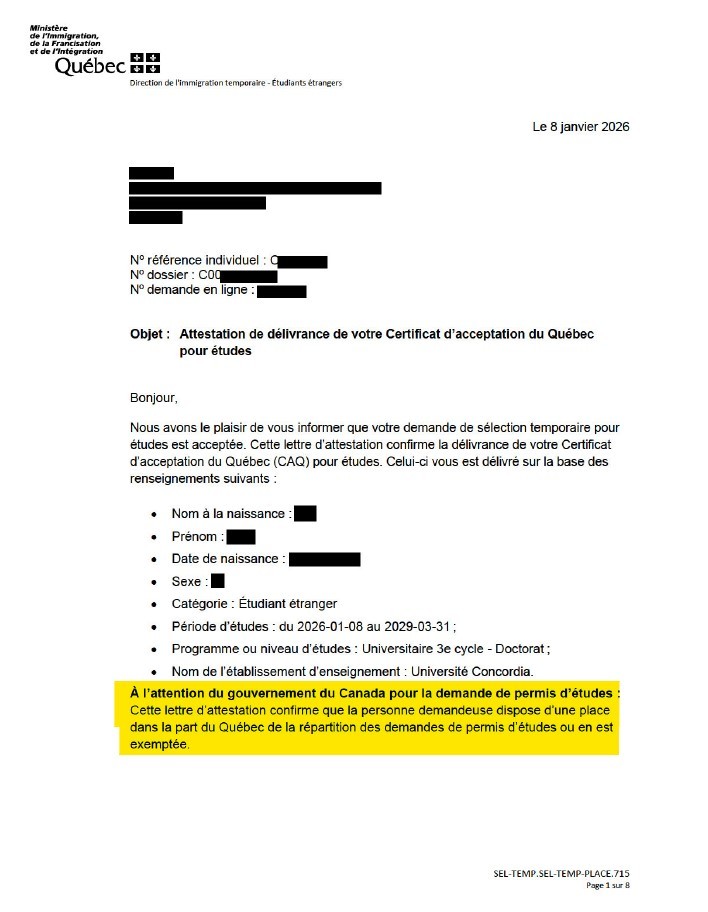 Sample of Certificat Acceptation du Quebec letter as of January 2026