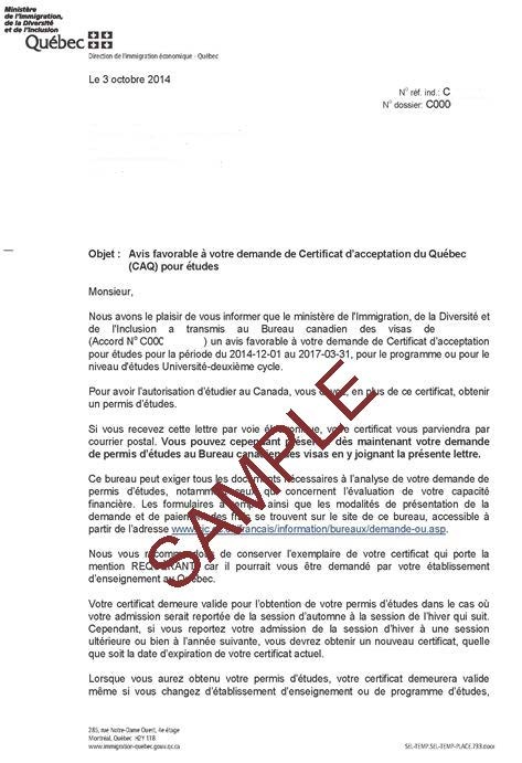 CAQ approval letter Sample of Certificat Acceptation du Quebec letter prior to March 2024