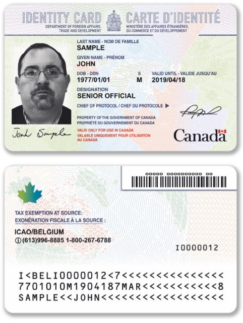 Identity cards Sample of both sides of a Protocol Identity Card for diplomats
