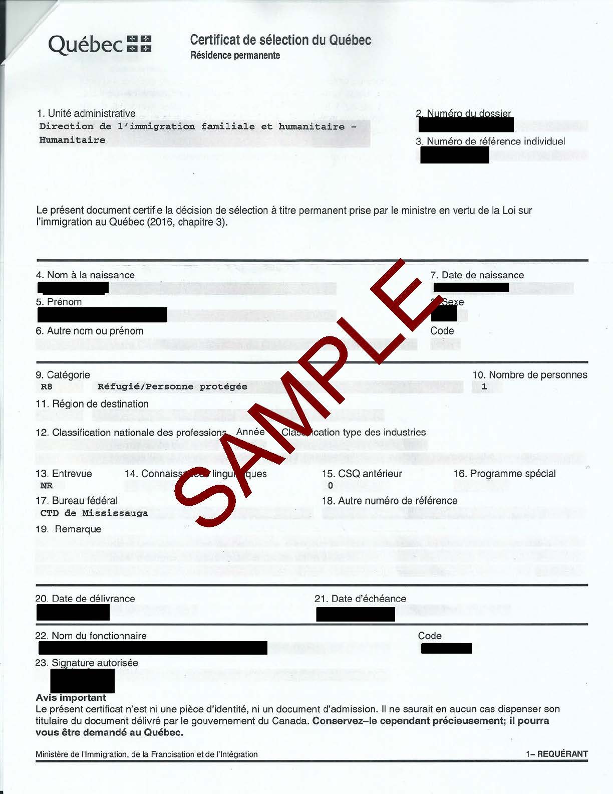 CSQ (Certificat de Sélection du Québec)