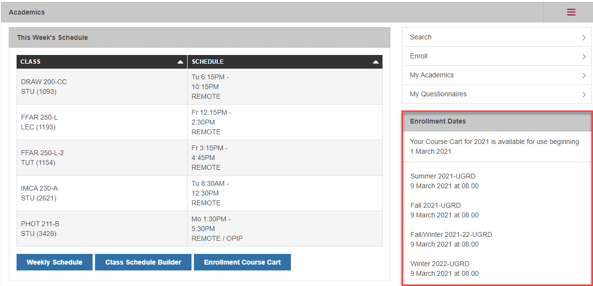 Enrollment appointment dates screenshot