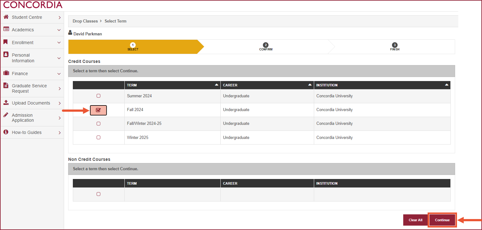 A desktop device screen grab showing how to drop a course.