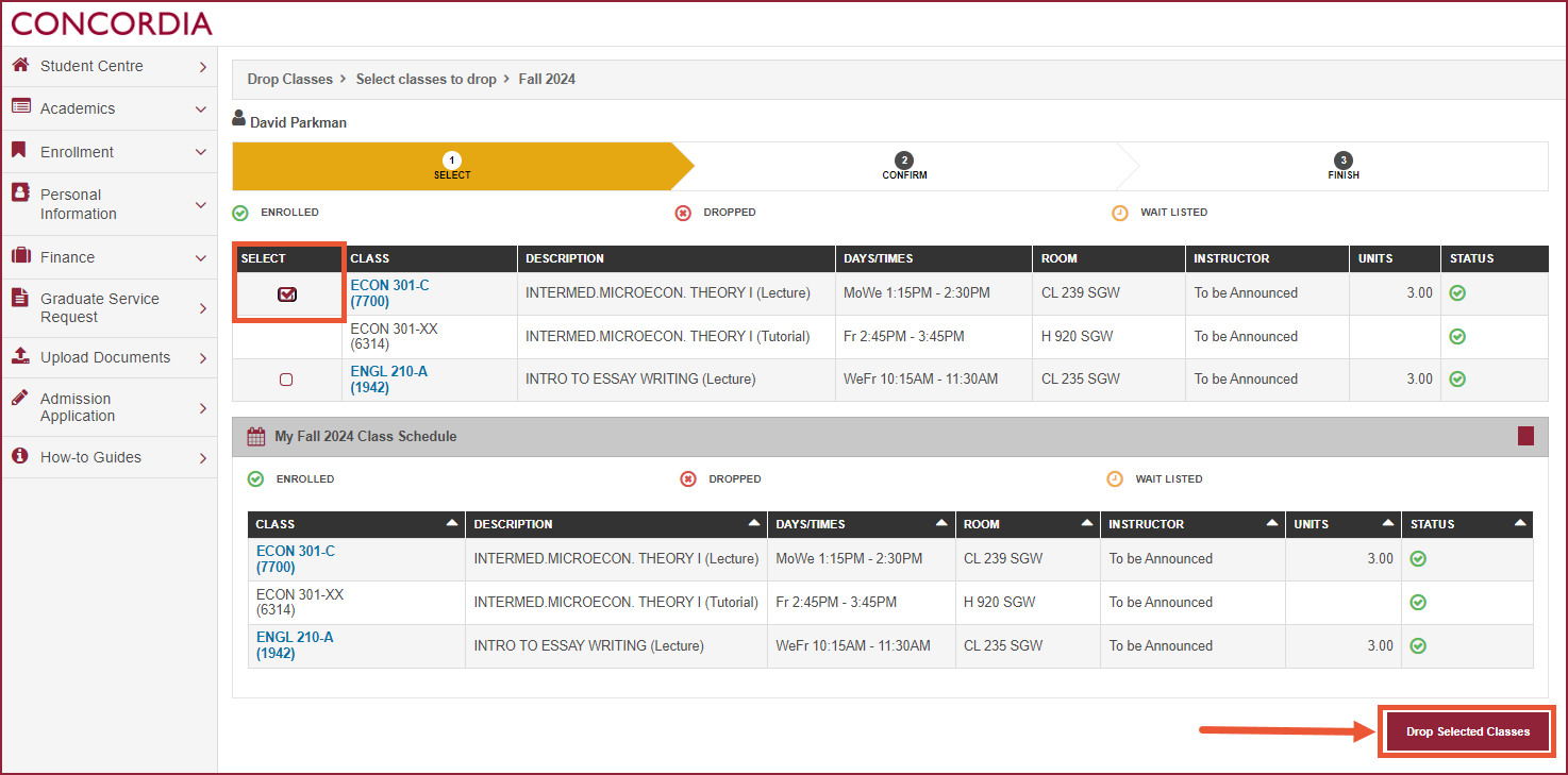 A desktop device screen grab showing how to drop a course.