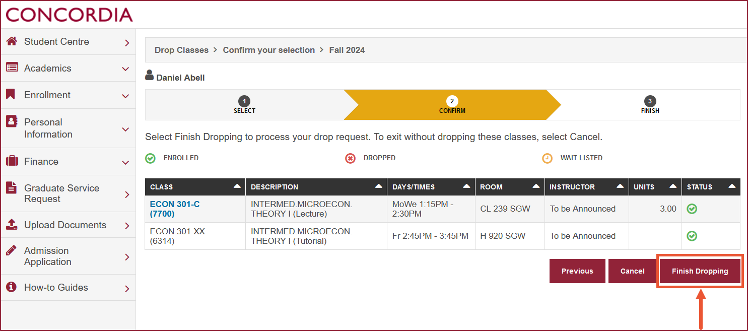 A desktop device screen grab showing how to drop a course.