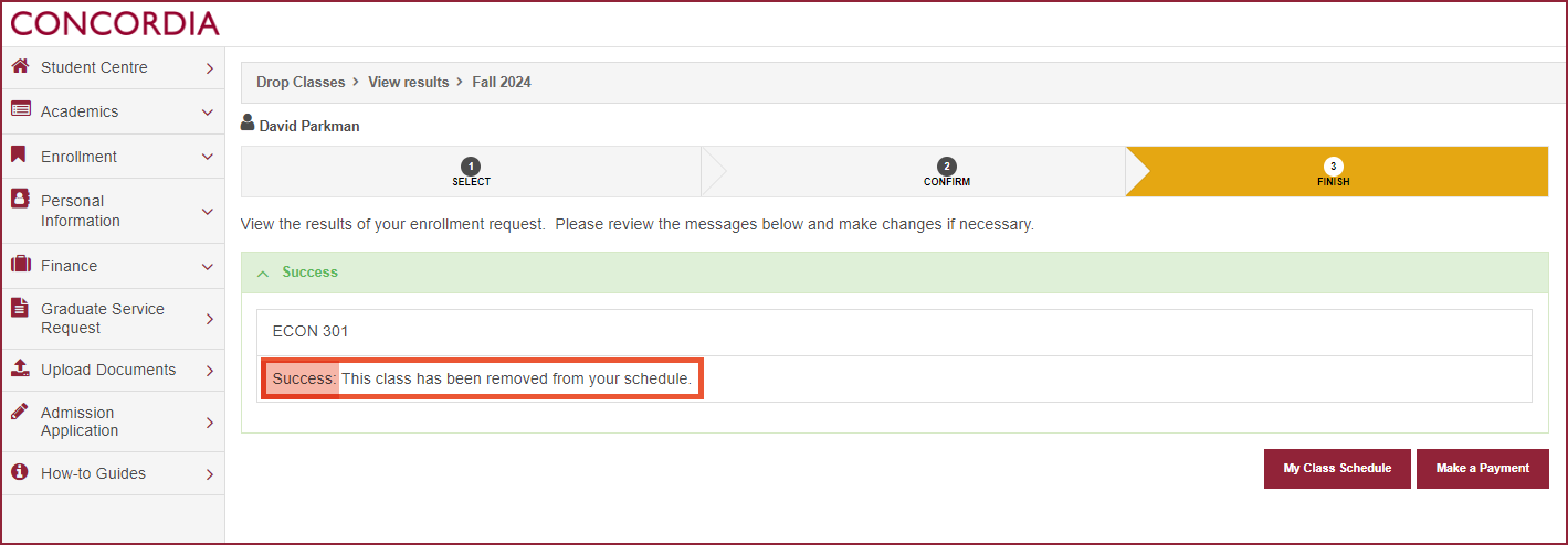 A desktop device screen grab showing how to drop a course.