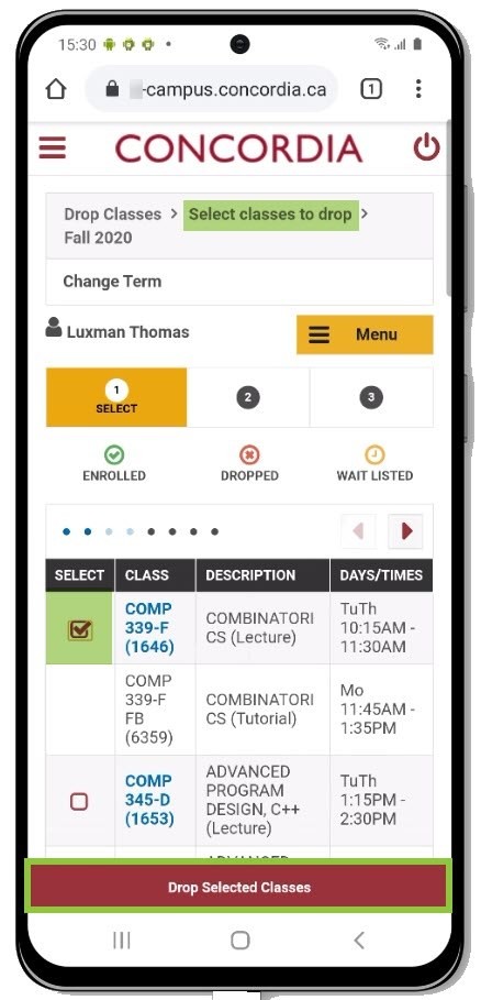 Drop Selected Classes Drop Selected Classes