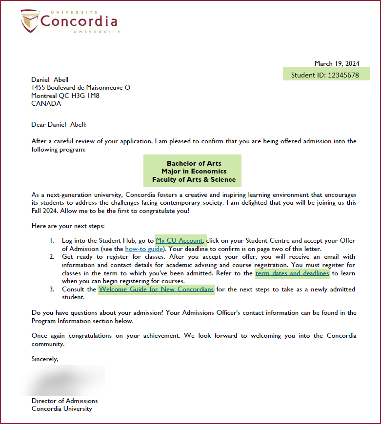 Offer of Admission Offer of Admission