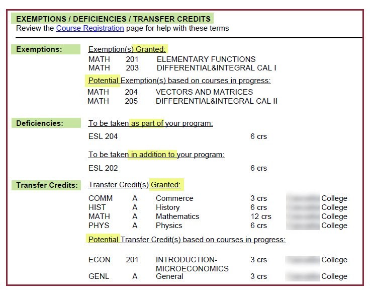 Exemptions / Deficiencies / Transfer Credits