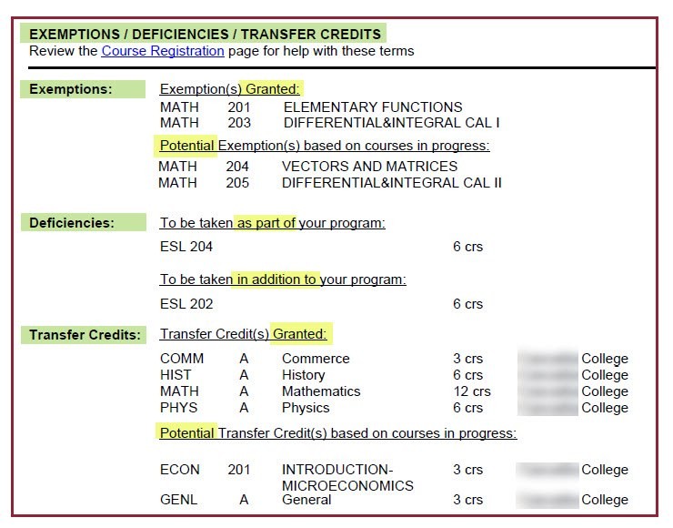 Exemptions / Deficiencies / Transfer Credits Exemptions / Deficiencies / Transfer Credits