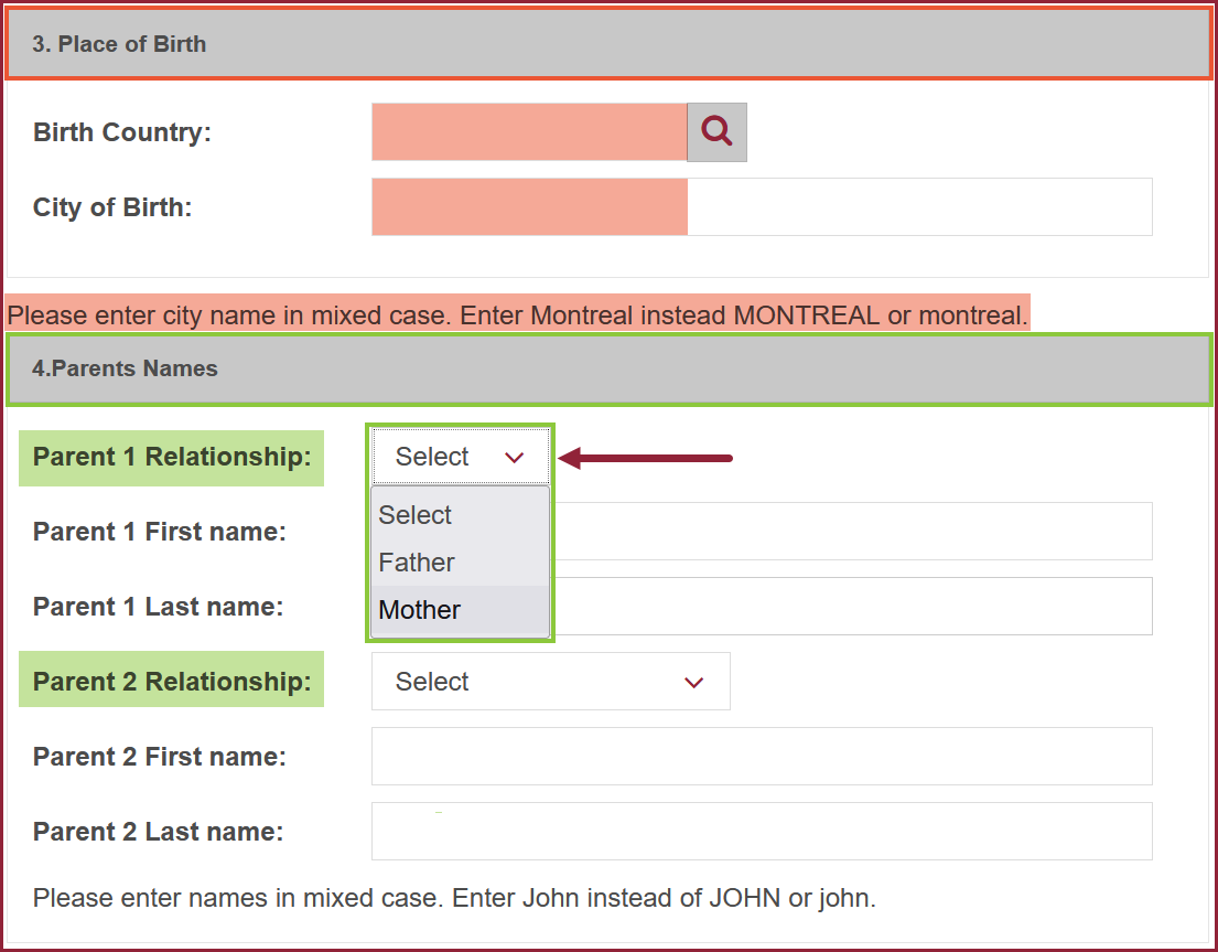 Birth and parents information