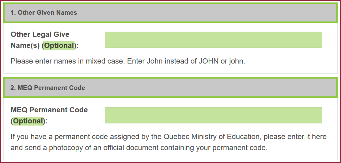 Given Names and MEQ Permanent Code