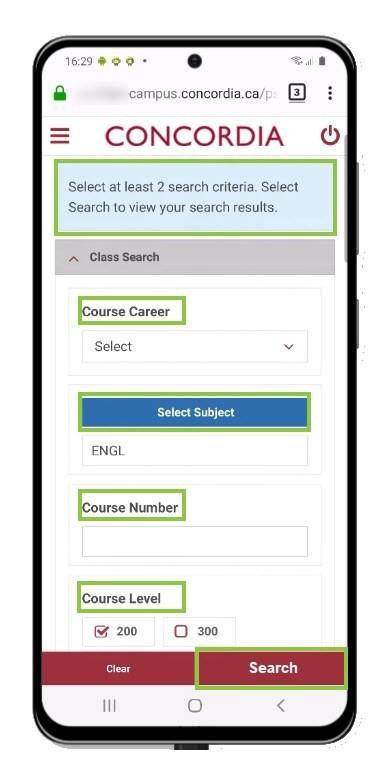 Class search criteria Class search criteria