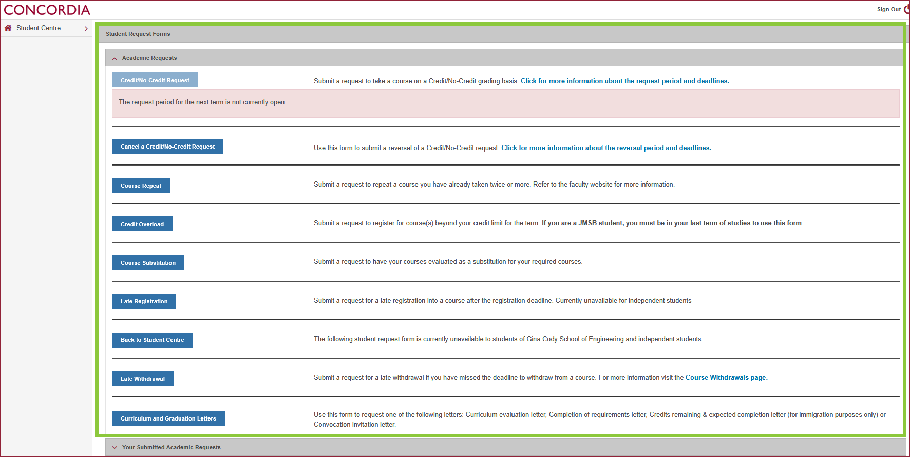 Screenshot of Student Request options listing