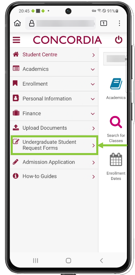 Mobile screenshot of the Student Centre interface showing the 'Undergraduate Student Request Forms' as the focal point