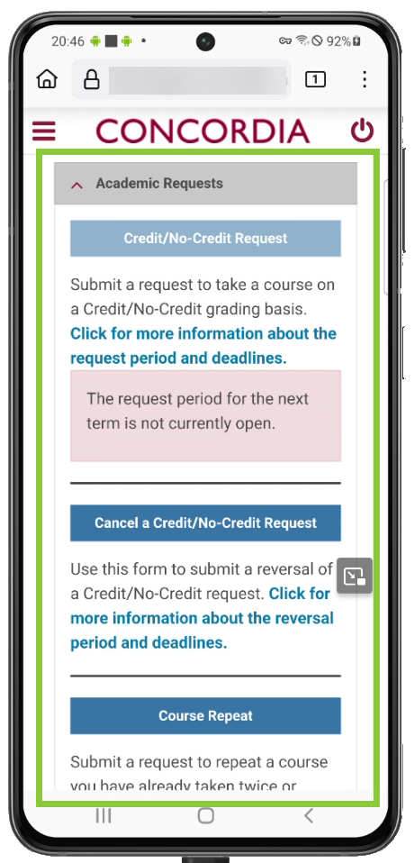 Mobile screenshot of the Student Centre interface showing the 'Graduate Student Request Forms' as the focal point