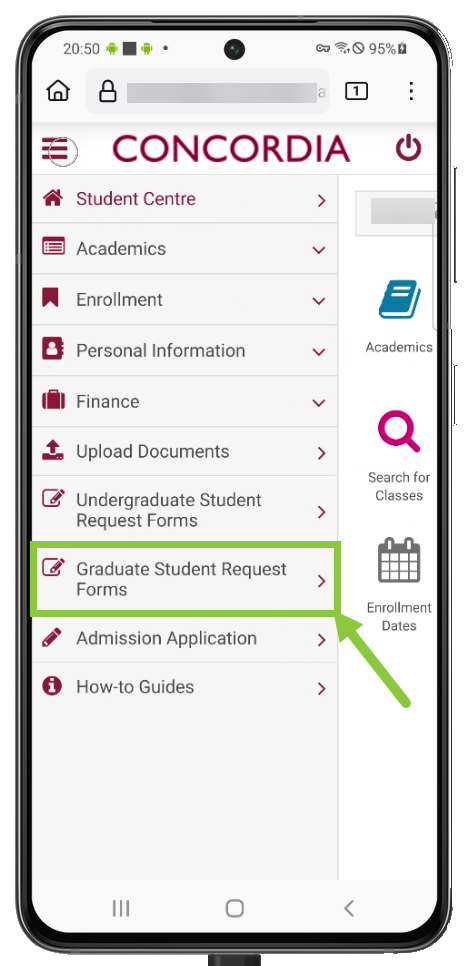 Mobile screenshot of the Student Centre interface showing the 'Graduate Student Request Forms' as the focal point