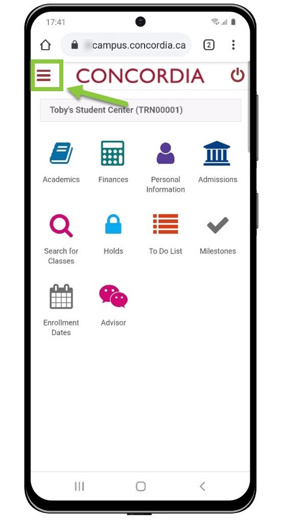 Mobile screenshot of the Student Centre interface showing the hamburger menu on the top right highlighted as the focal point