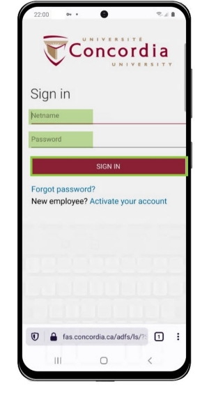 Mobile screenshot of the Student Centre Sign in page showing netname, password and sign in button highlighted