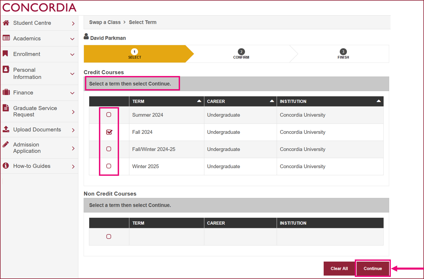 A desktop device screen grab showing how to swap a course.