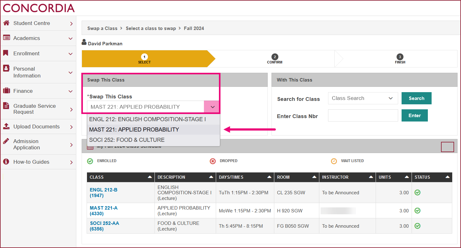 A desktop device screen grab showing how to swap a course.