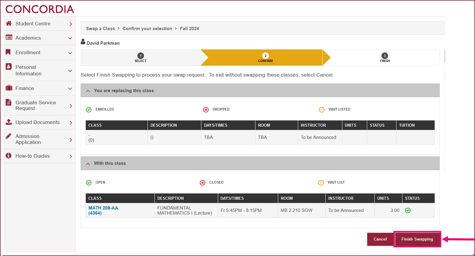 A desktop device screen grab showing how to swap a course.