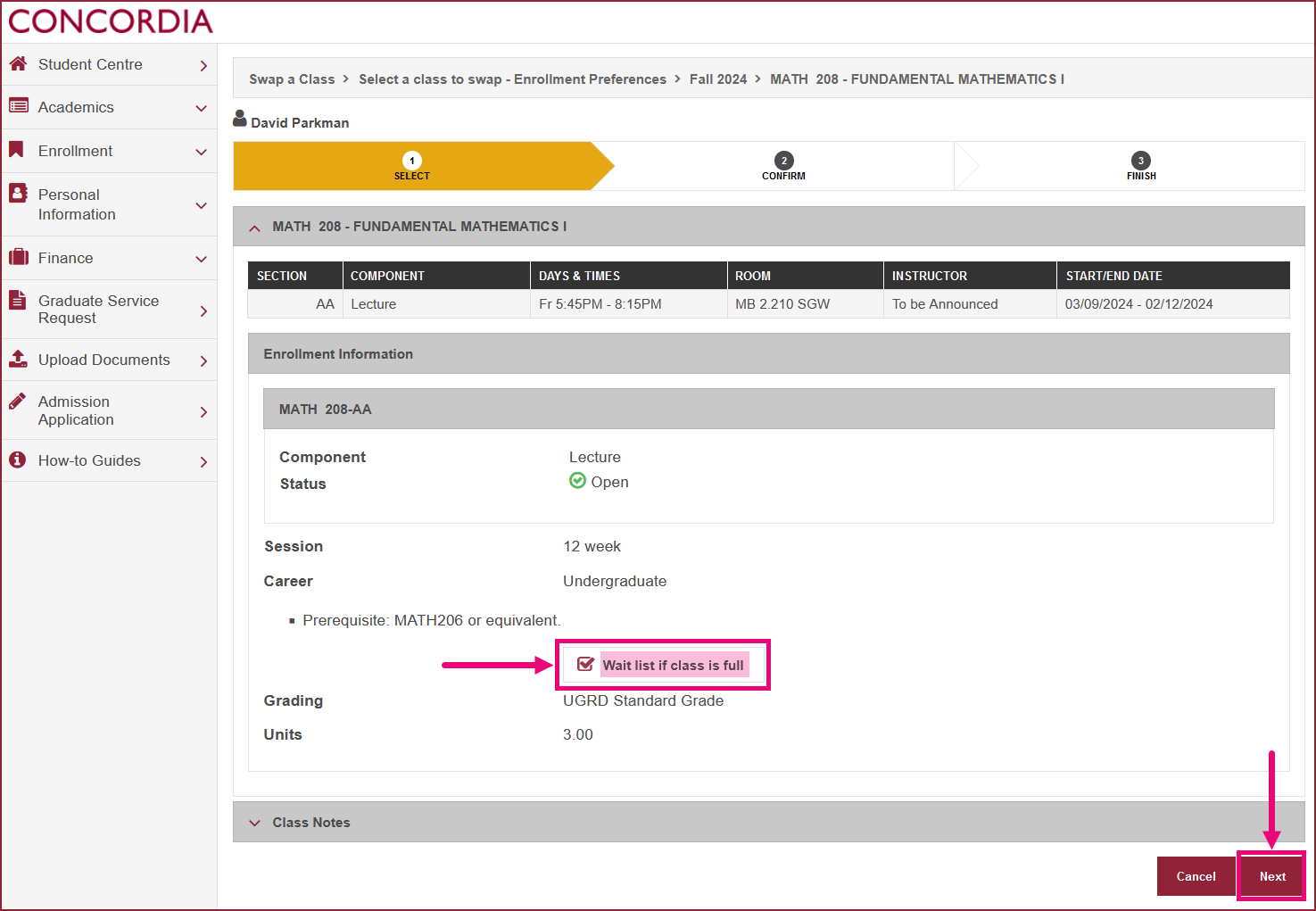 A desktop device screen grab showing how to swap a course.