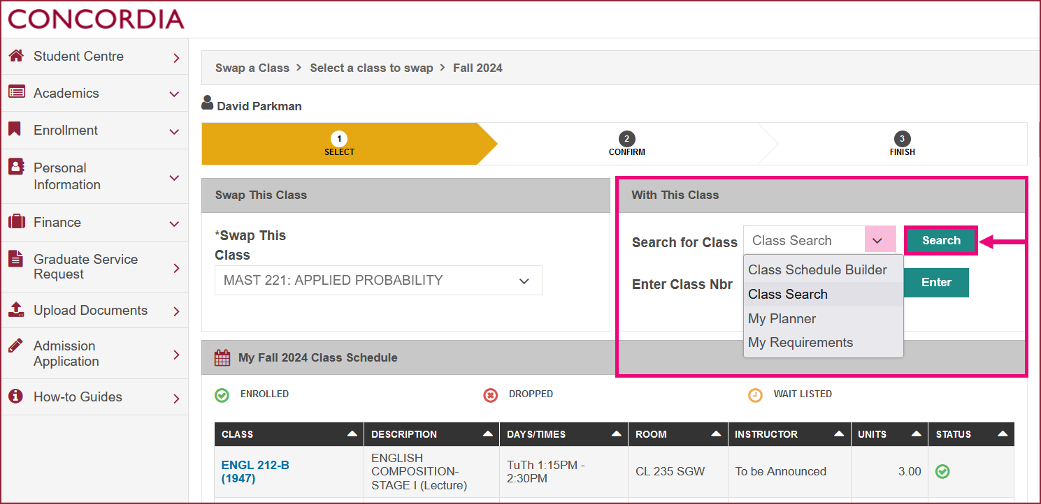 A desktop device screen grab showing how to swap a course.