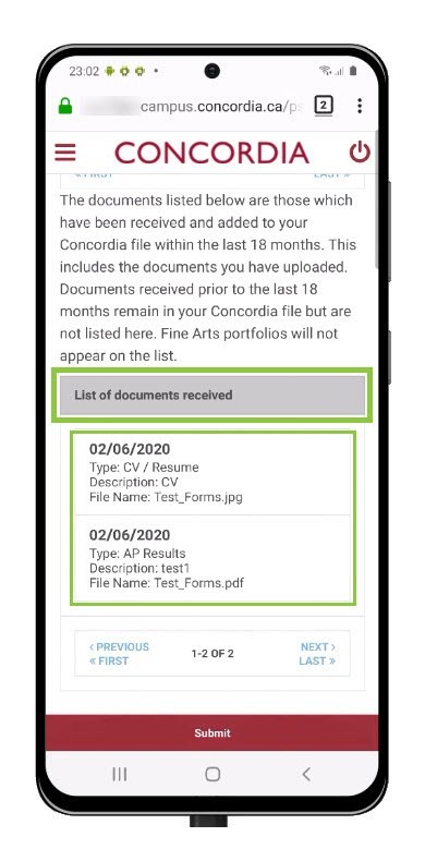 List of documents received List of documents received
