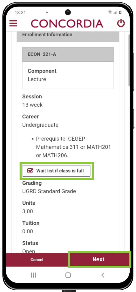 Wait list if class is full