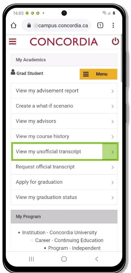 View my unofficial transcript View my unofficial transcript
