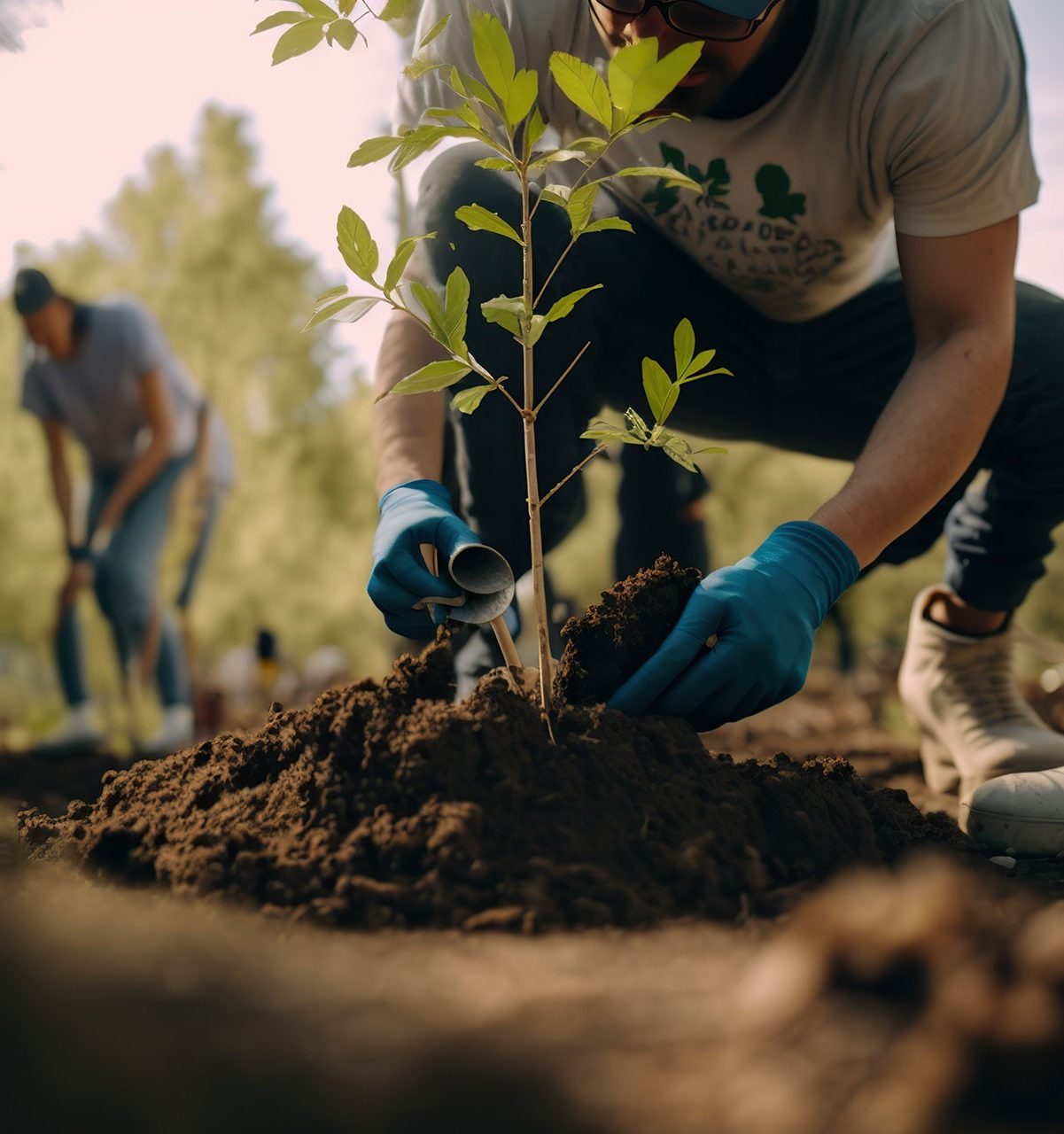 Close-up of a person planting in a garden.