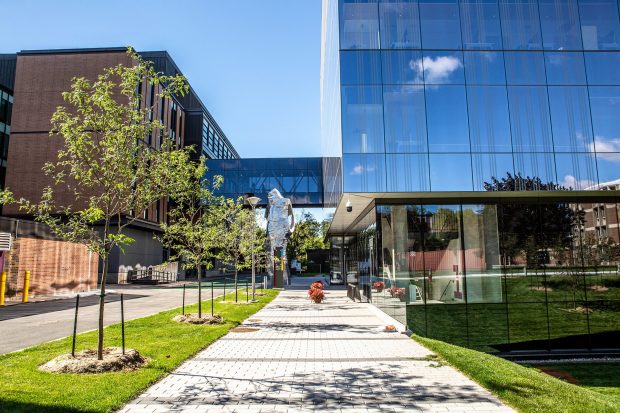 a sculpture along a path between buildings at the Applied Science Hub on Concordia University's Loyola Campus