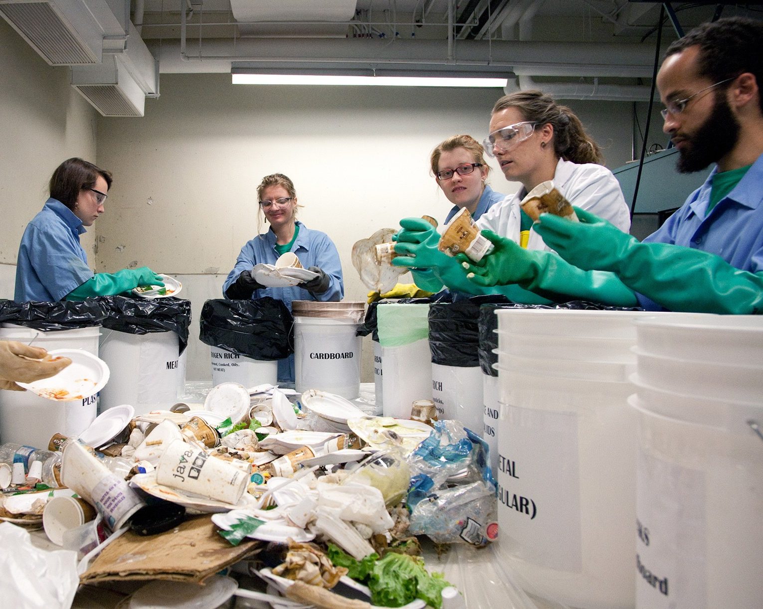 a group of people in lab coats and gloves sorting waste for recycling