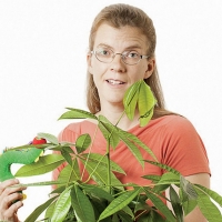 A woman with glasses and a peach shirt holds a leafy green plant.