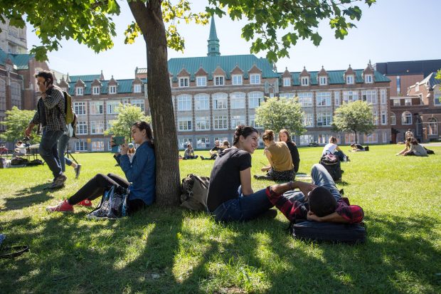 Students sit on the lawn in the shade of a tree at Loyola campus.