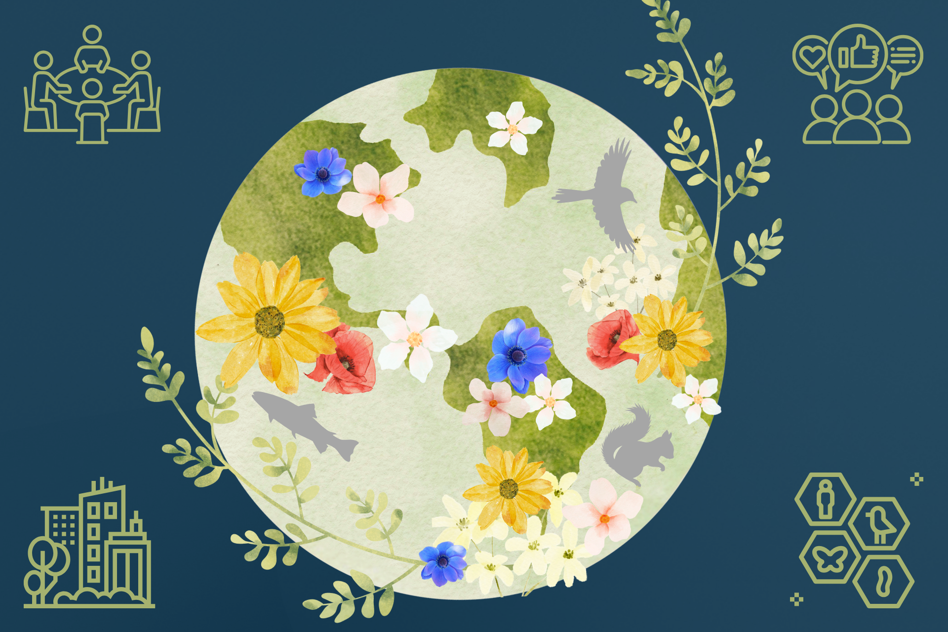 A graphic of an earth covered in flowers and animals on a blue background, and in eah of the four corners there are images of people collaborating
