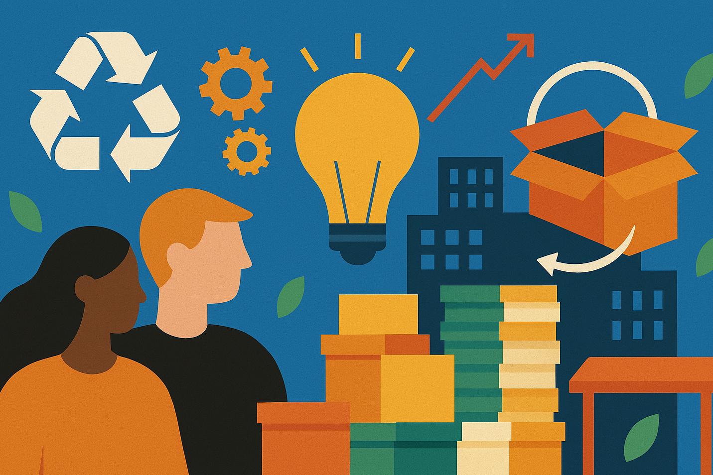 A graphic of two people against a blue background surrounded by bookes, boxes, a lightbulb, a recycling symbles, leaves, interlinking cogs, and buildings