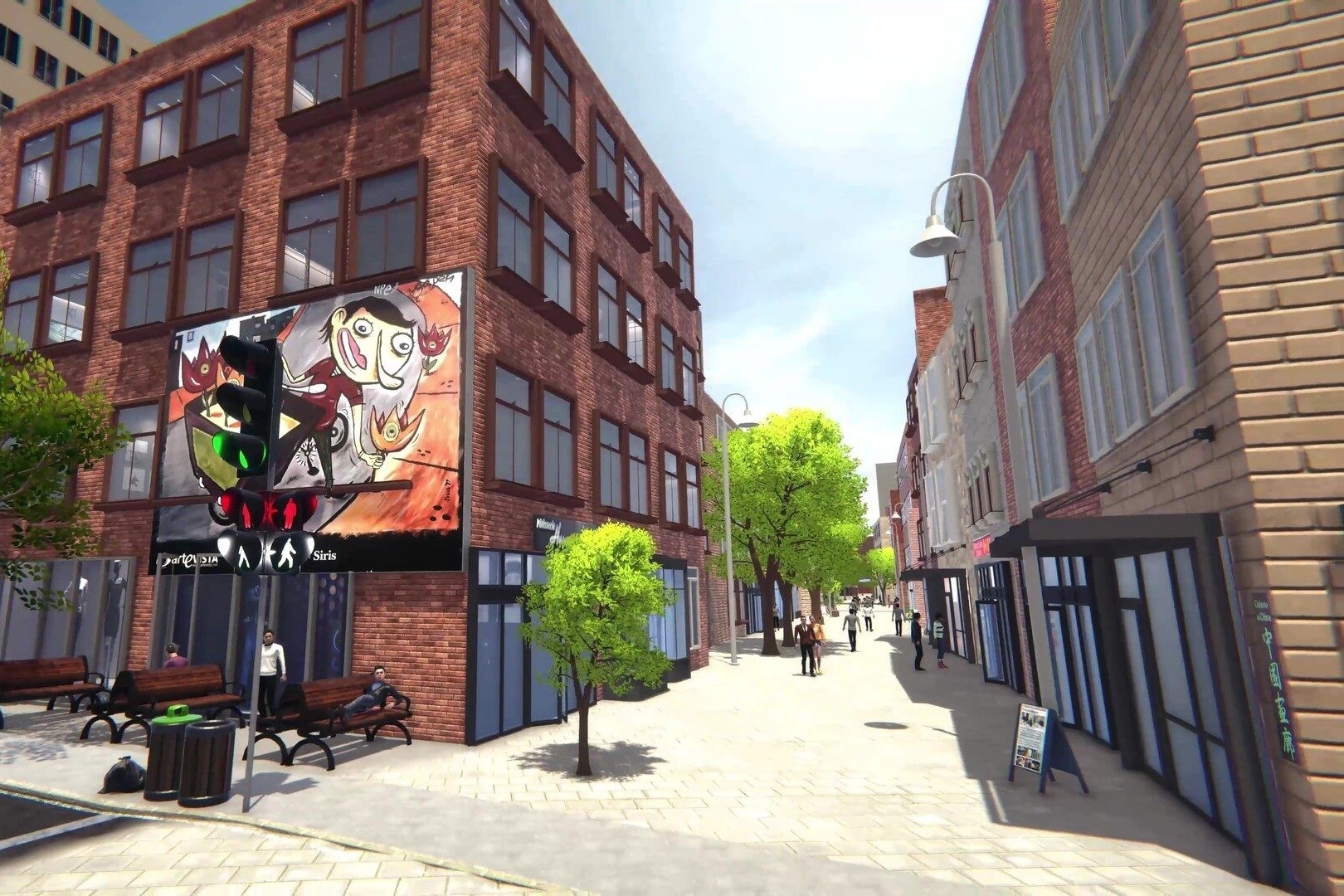 A gamified view of an urban landscape, a pedestrianized street sits between two buildings