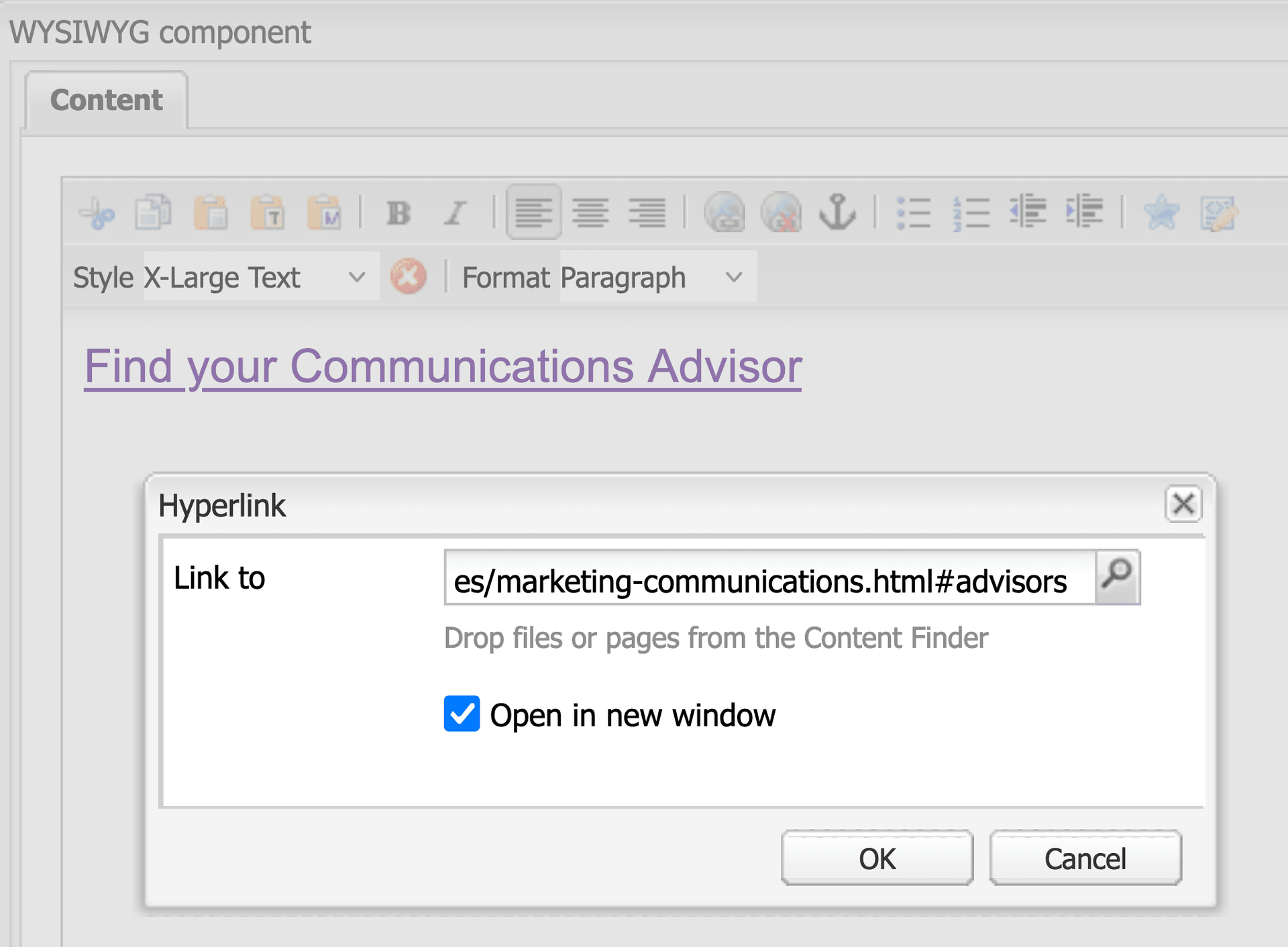 Hyperlink to anchor on another page Hyperlink open for editing. Link to field shows end of link which reads es/marketing-communications.html#advisors
