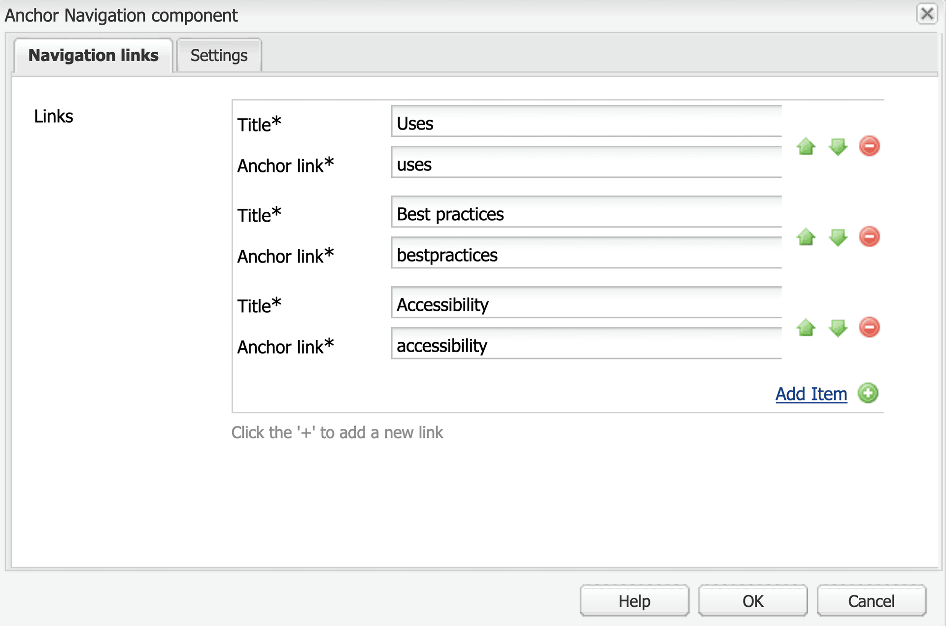 Anchor navigation Anchor navigation component open for editing. There are 3 anchor links: uses, bestpractices and accessibility
