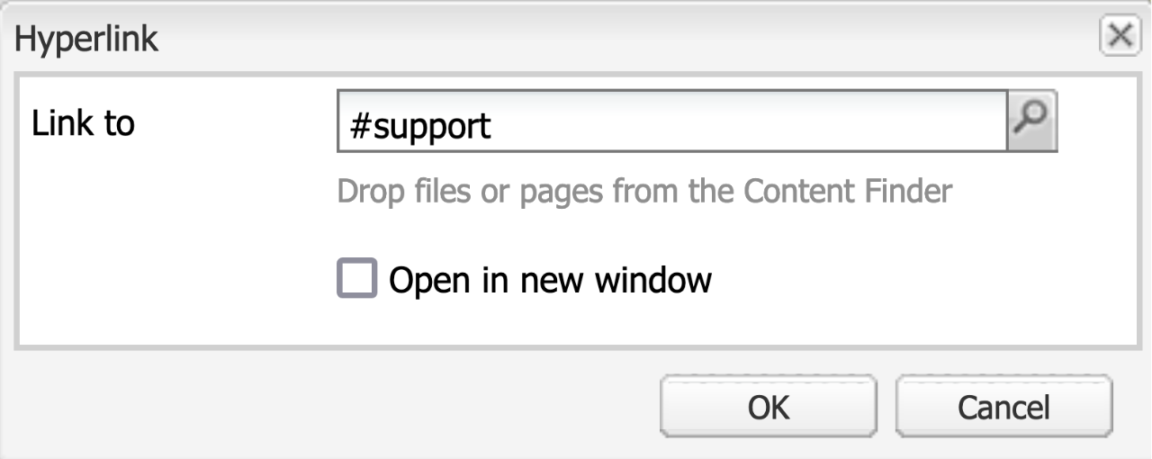 Hyperlink Screenshot of hyperlink pop-up. Link to field says #support