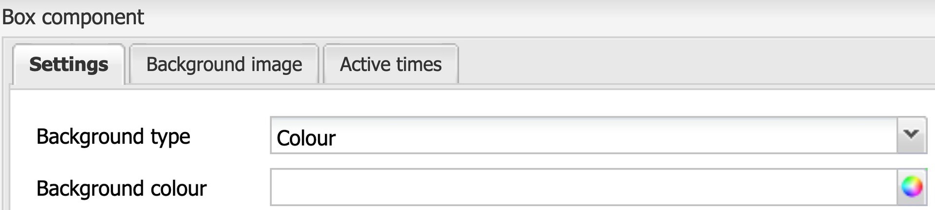 Screenshot of the Box component settings, with background type set to "Colour"