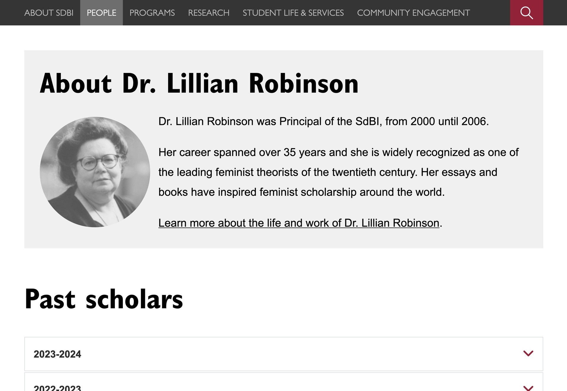 Grey box with photo and write-up about Dr. Lillian Robinson