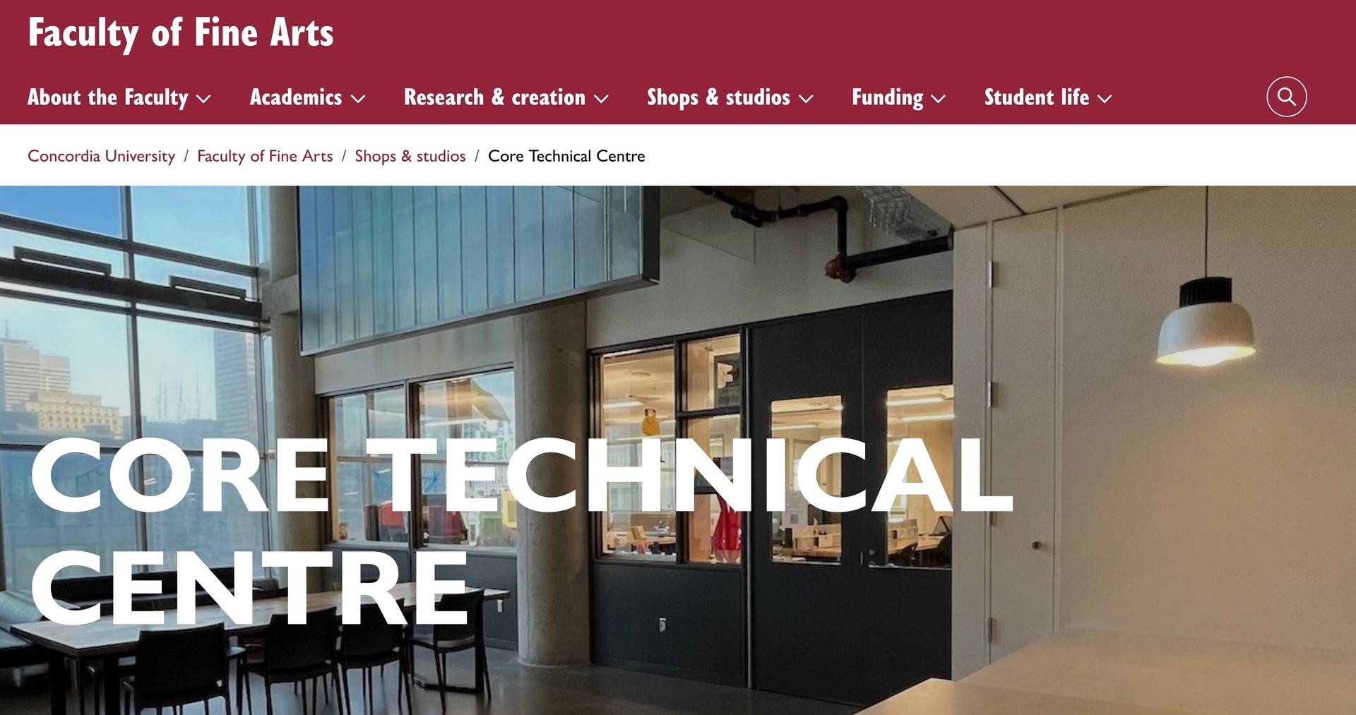 Breadcrumb for the Core Technical Centre at top of page, above hero image of the facility