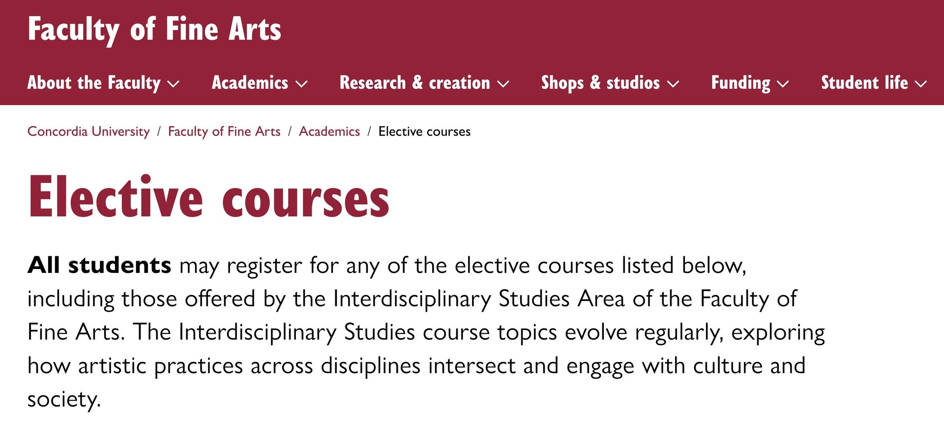 Breadcrumb above introduction component for Fine Arts elective courses page
