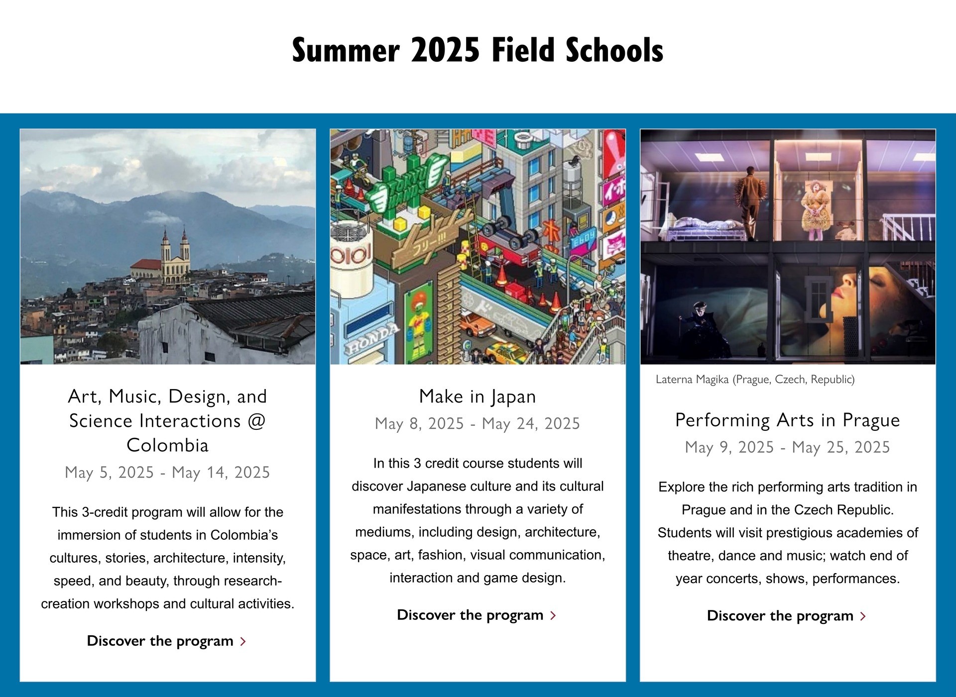 Screenshot showing Summer 2025 Field Schools heading and 3 cards that are the same height, even though one has more text than the others.