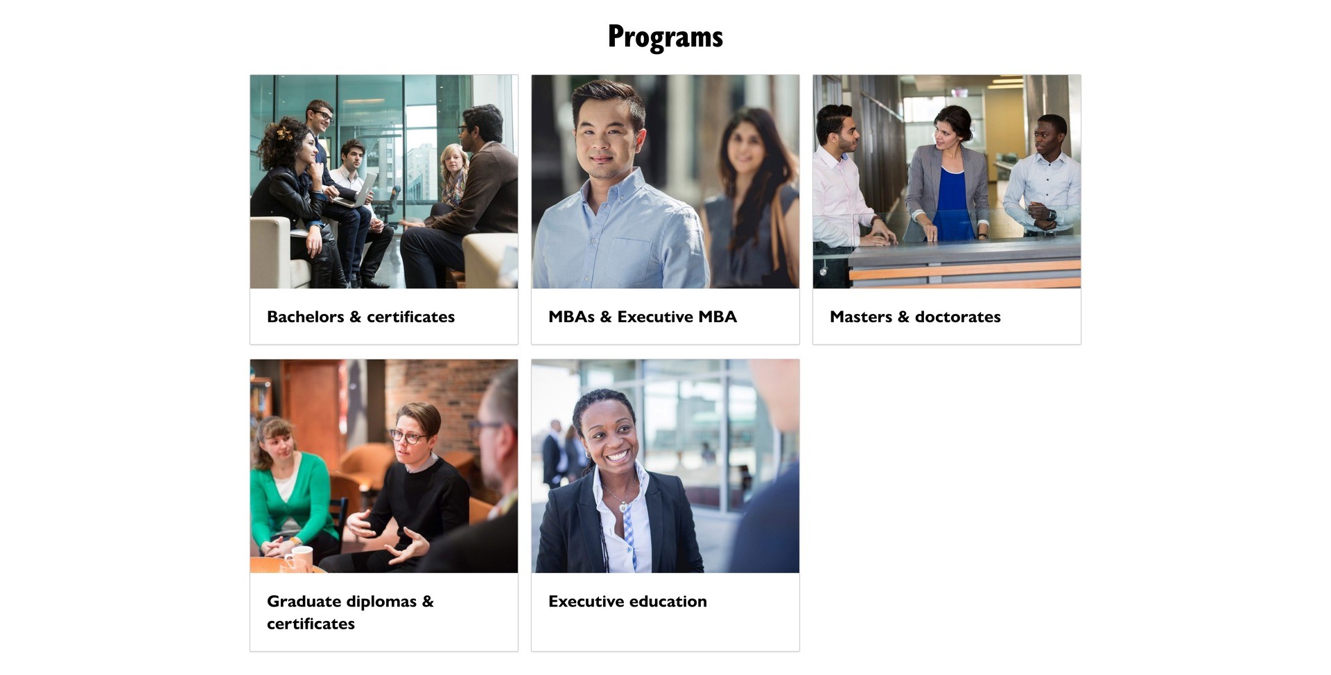 Screenshot of JMSB homepage, with cards displaying 5 different types of programs. Each card has an image and the program name.