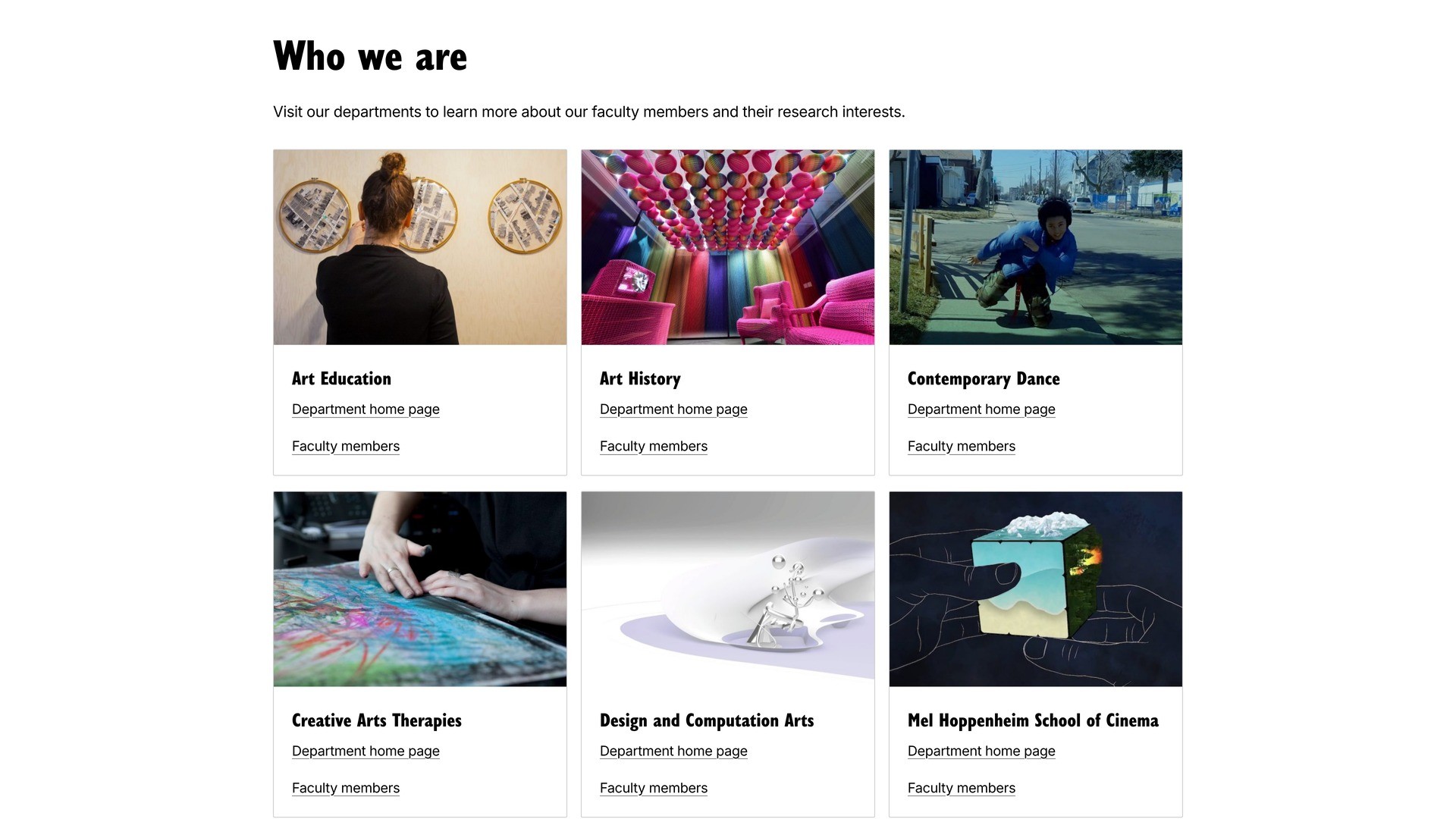 Screenshot of Fine Arts Departments page, with a card for each department. Each card has an image, the department name, and links to the department home page and faculty member page.